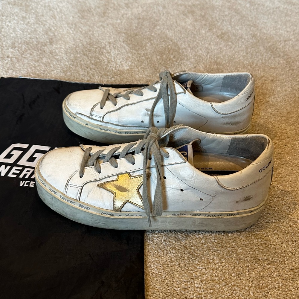 Golden Goose Hi Star White/Gold Leather Platform Sneakers (bag included)